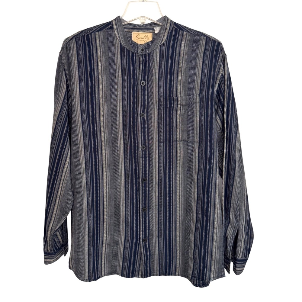 Scully Rangewear Men's XL Striped Band Collar Shirt 100% Cotton Blue Grey RW 030